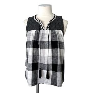 BOHME Buffalo Plaid Linen Blend Top Sleeveless Tassel Black White Sz S